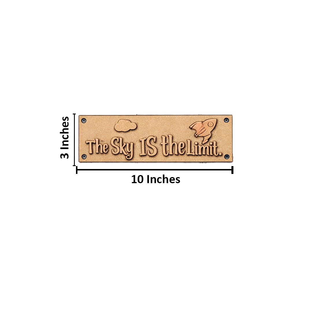 Laser cut MDF quote plaque “The Sky Is the Limit” with rocket and cloud design, DIY wall decor board