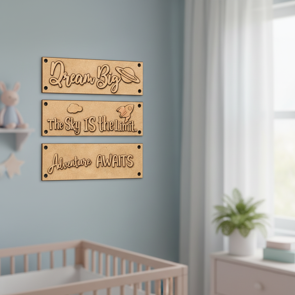 Laser cut MDF plank quote boards for DIY wall decor painting and craft projects, mounted on wall