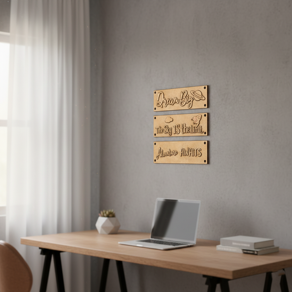 Laser cut MDF plank quote boards for DIY wall decor painting and craft projects, mounted on wall