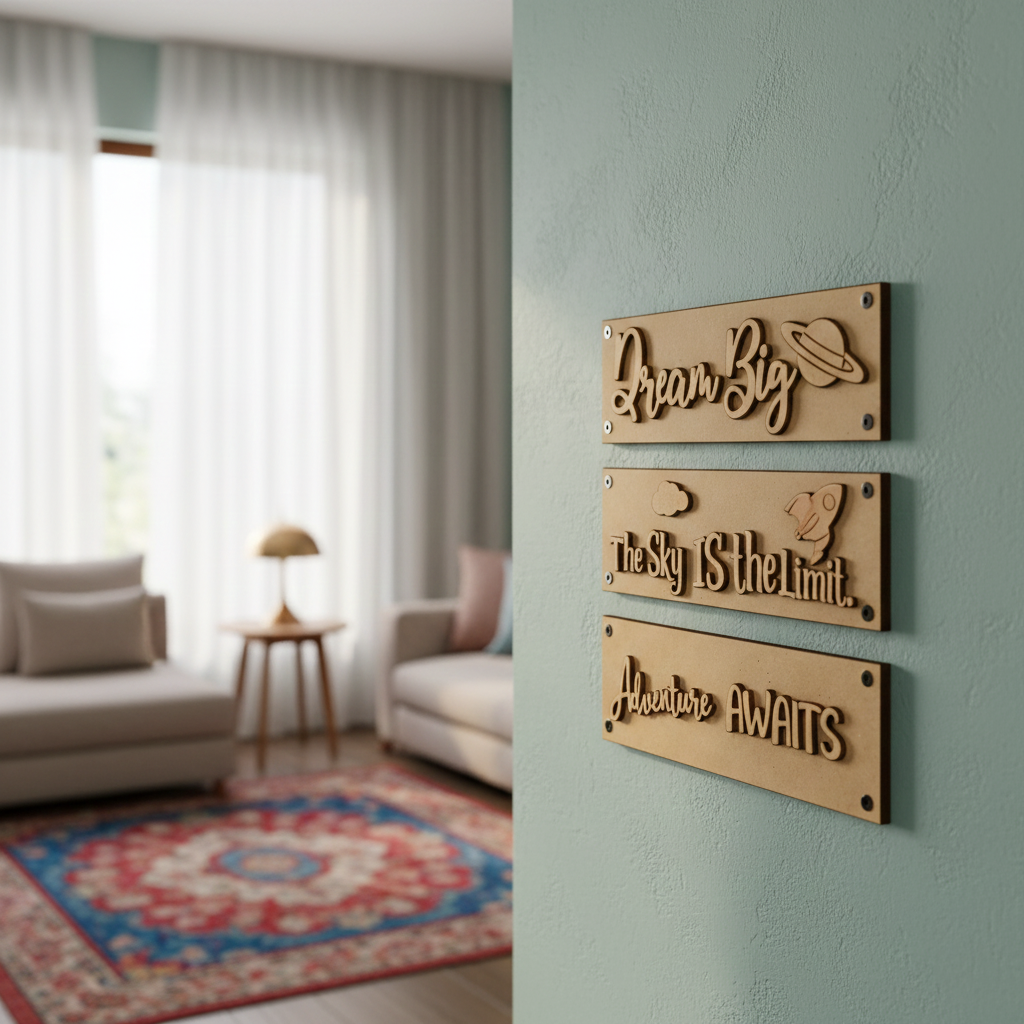 Laser cut MDF plank quote boards for DIY wall decor painting and craft projects, mounted on wall