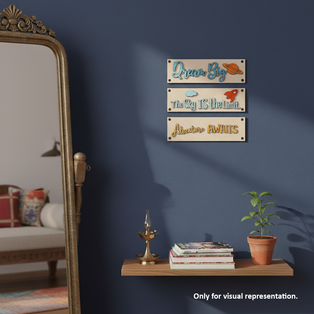 painted Laser cut MDF plank quote boards for DIY wall decor painting and craft projects, mounted on wall