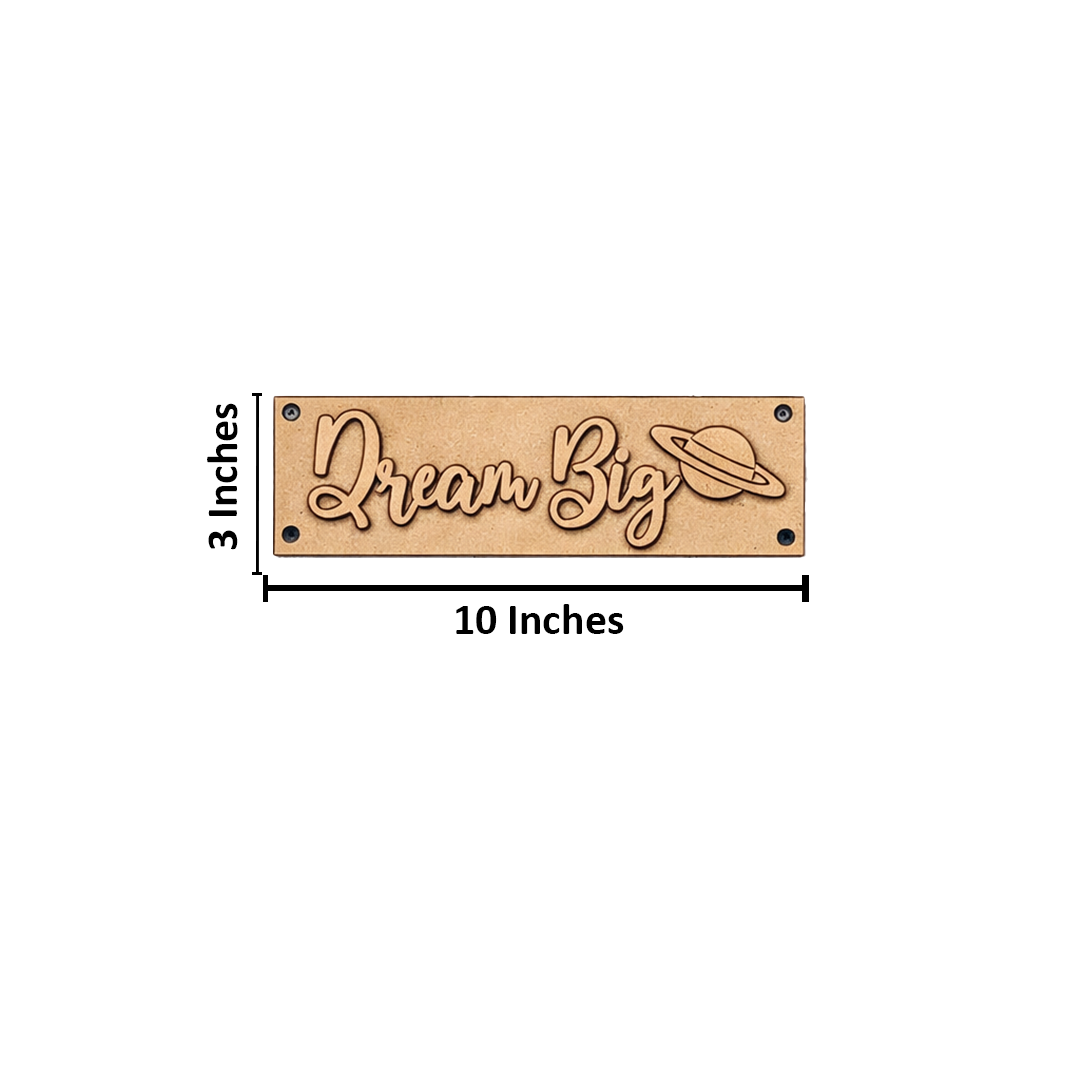 Laser cut MDF quote plaque “Dream Big” with planet icon, DIY wall decor board 10x3 inches
