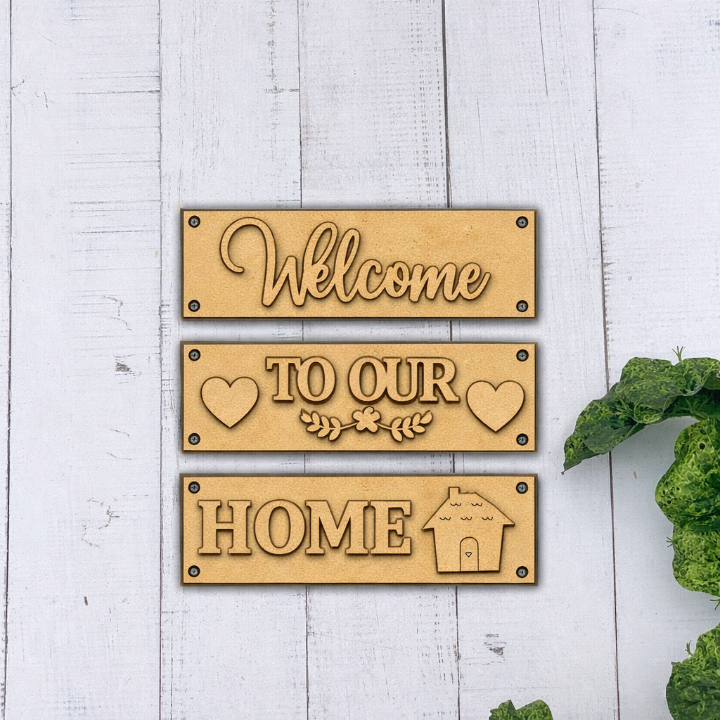 Laser cut MDF Welcome Home plank set for DIY wall decor painting