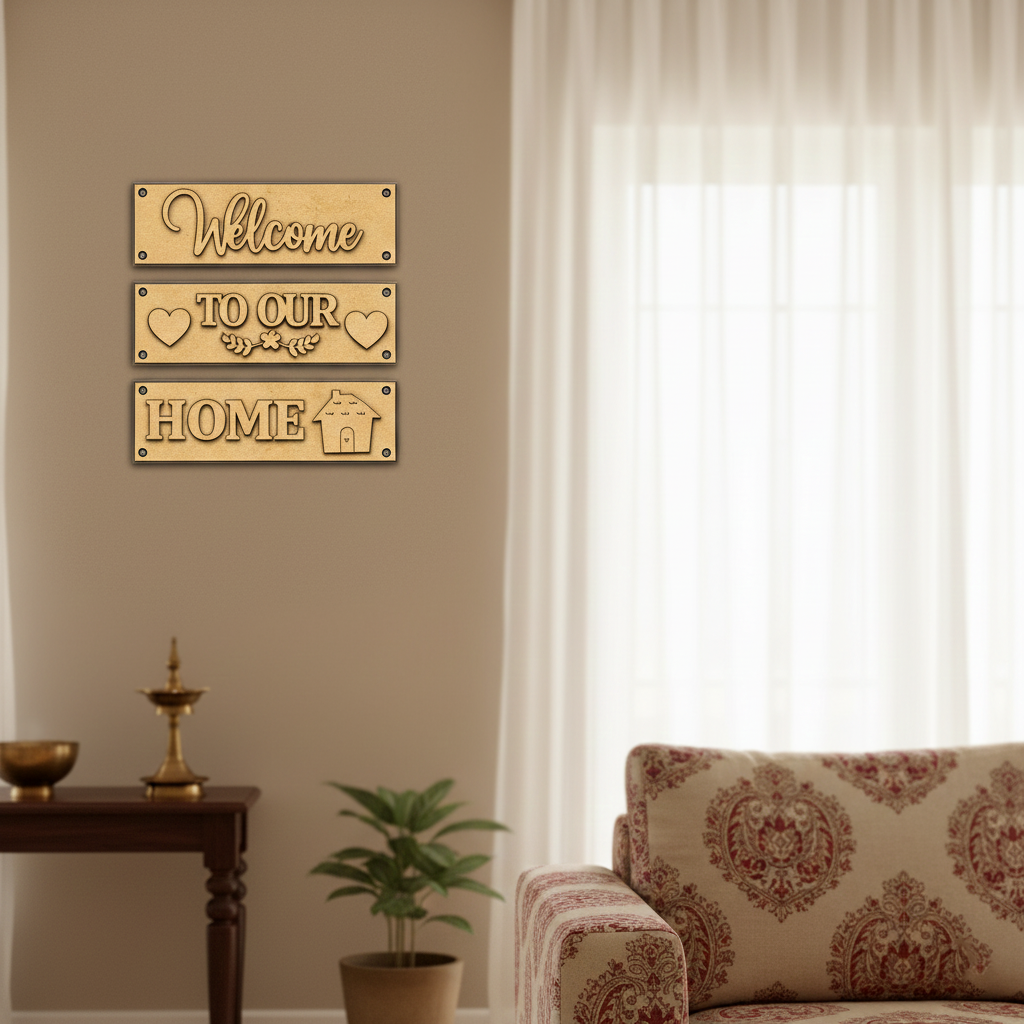 Laser cut MDF Welcome Home plank set for DIY wall decor painting, mounted on wall