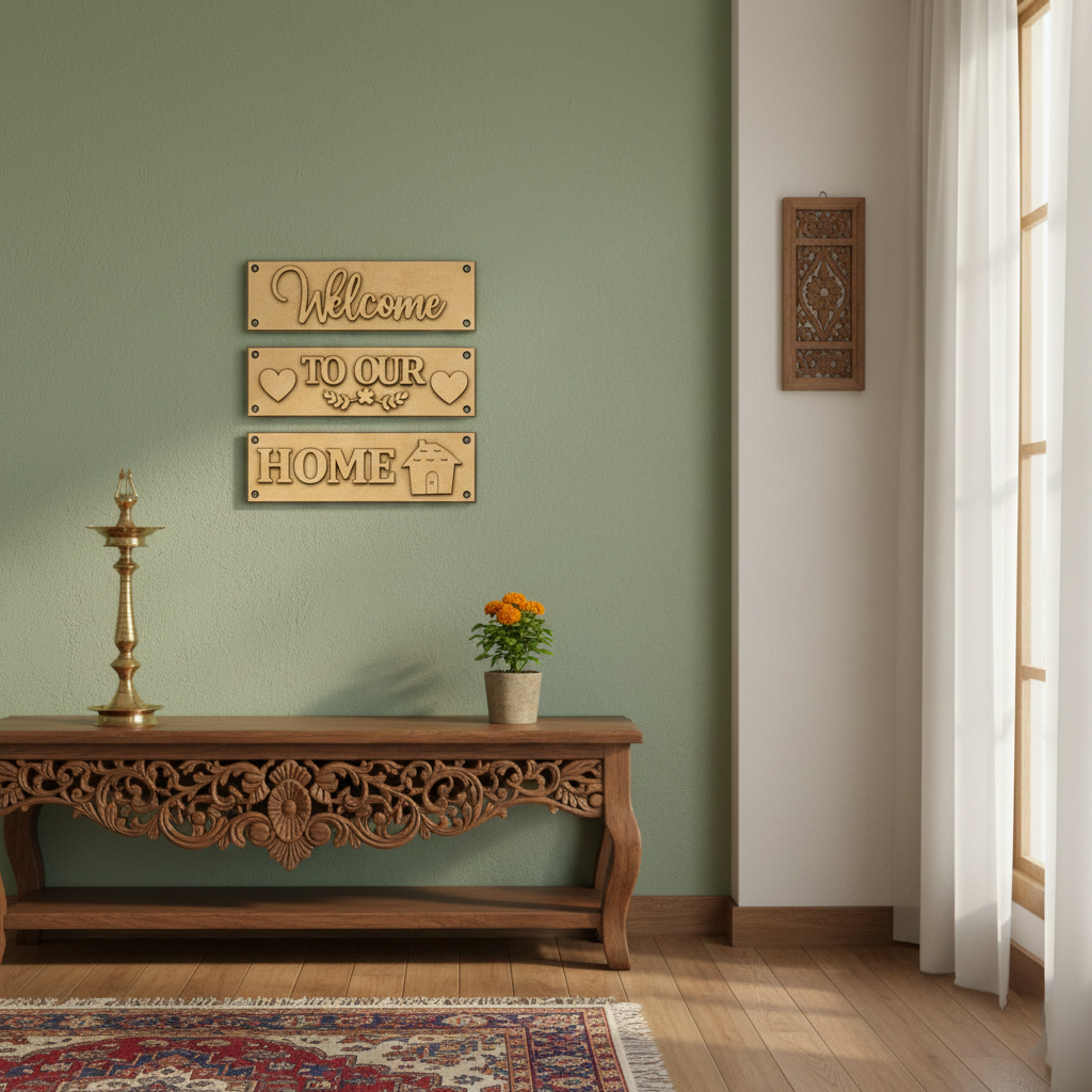 Laser cut MDF Welcome Home plank set for DIY wall decor painting, mounted on wall