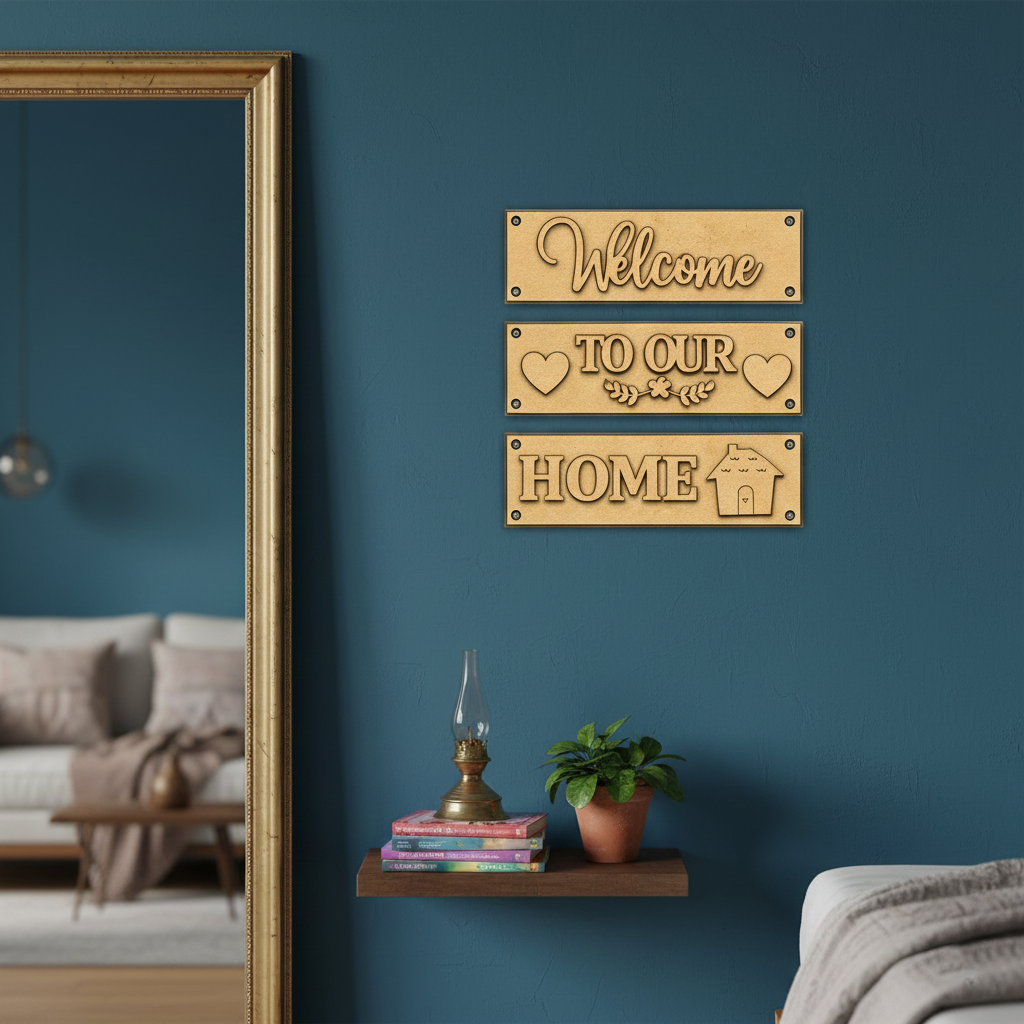 Laser cut MDF Welcome Home plank set for DIY wall decor painting, mounted on wall