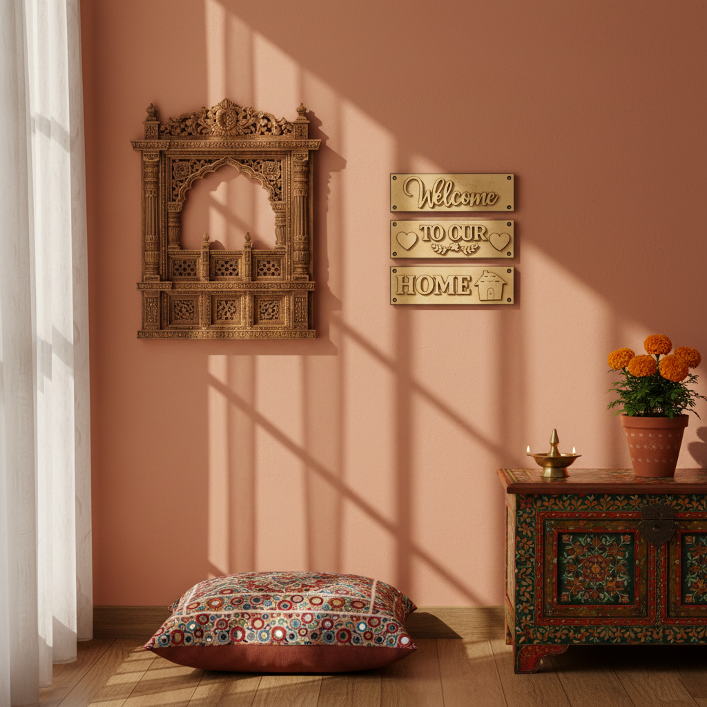 Laser cut MDF Welcome Home plank set for DIY wall decor painting, mounted on wall