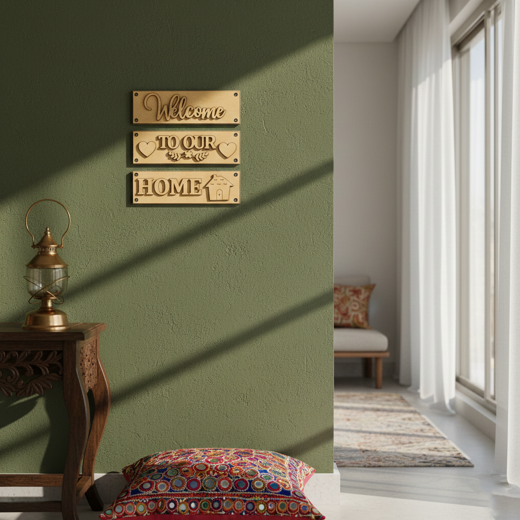 Laser cut MDF Welcome Home plank set for DIY wall decor painting, mounted on wall