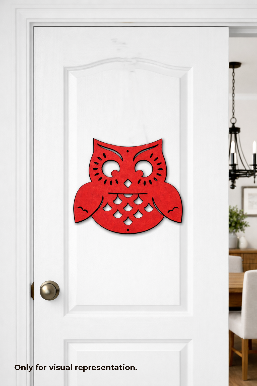 MDF DIY Red owl-shaped decorative wall art on a white door.
