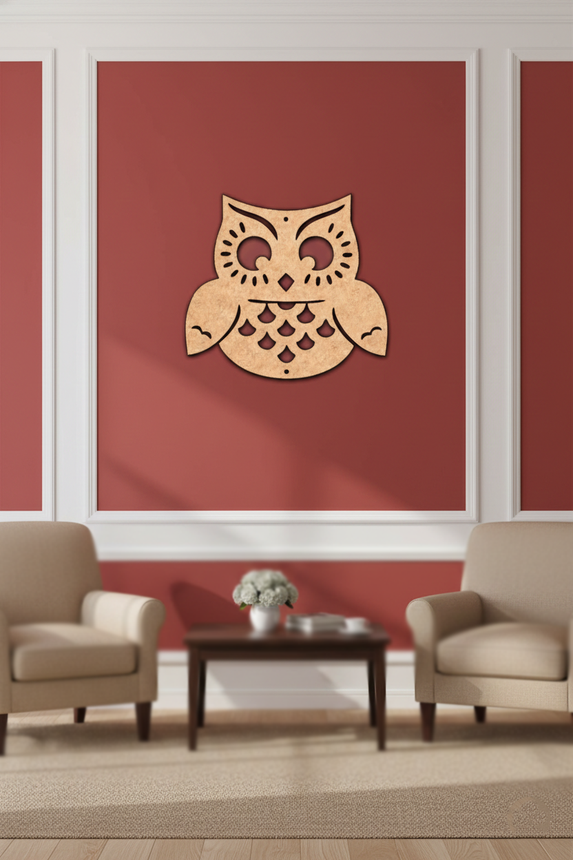 MDF DIY owl wall art on a red wall with two beige armchairs and a small table.