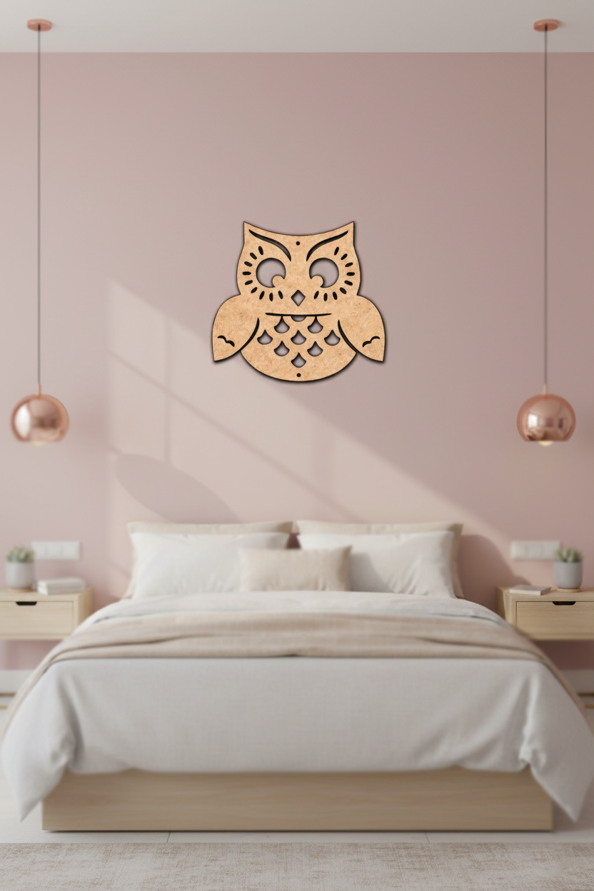MDF DIY owl wall decoration above a bed in a bedroom with pink walls and pendant lights.