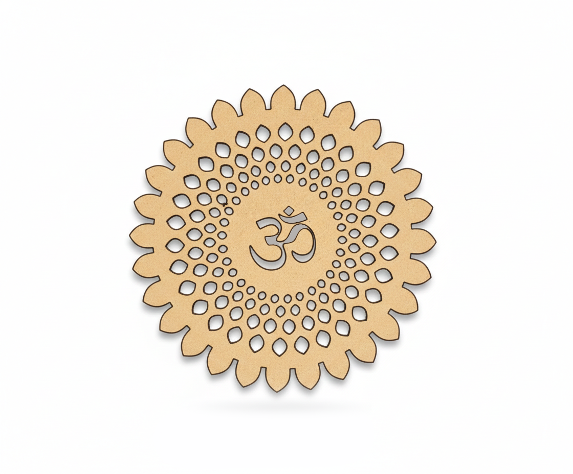 Decorative MDF DIY wall art with a circular pattern and Om symbol on a white background