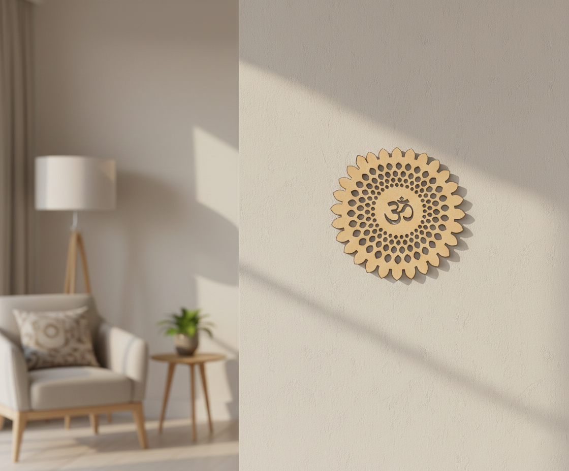 Decorative MDF DIY wall art with Om symbol on a beige wall in a living room setting.