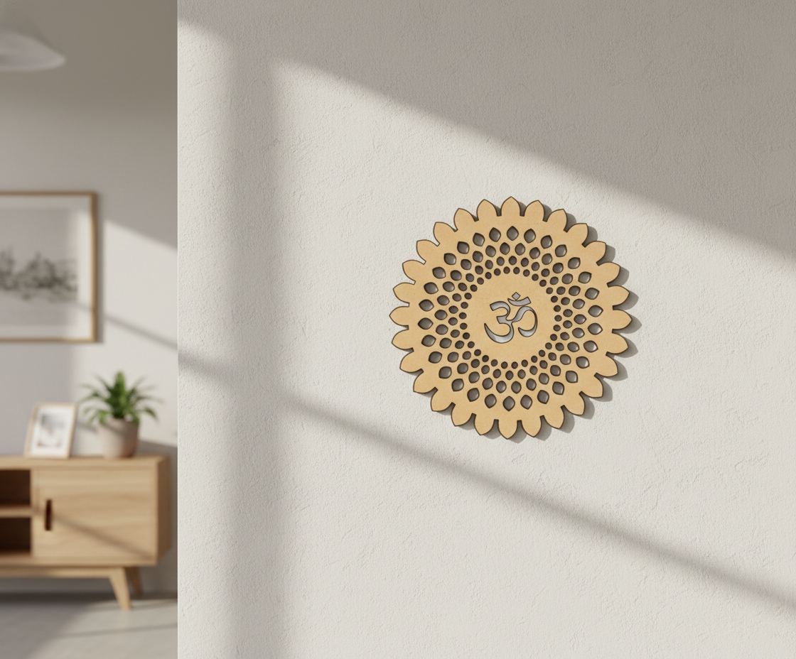 Decorative MDF DIY wall art with a central symbol on a light wall, with a wooden cabinet and plant in the background.
