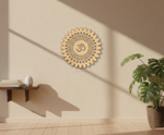 Decorative MDF DIY wall art with a mandala design on a beige wall, next to a plant and small table.