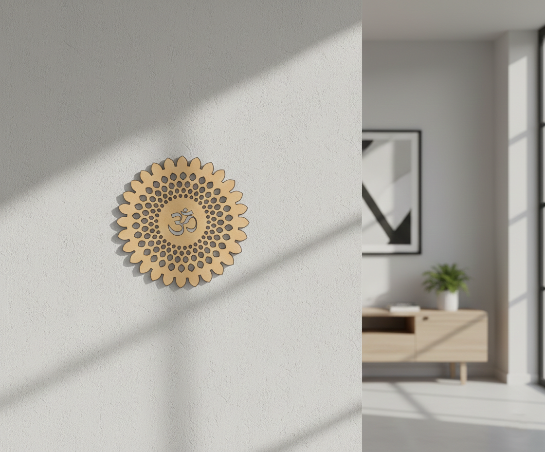 Decorative MDF DIY wall art with a mandala design on a white wall in a modern room.