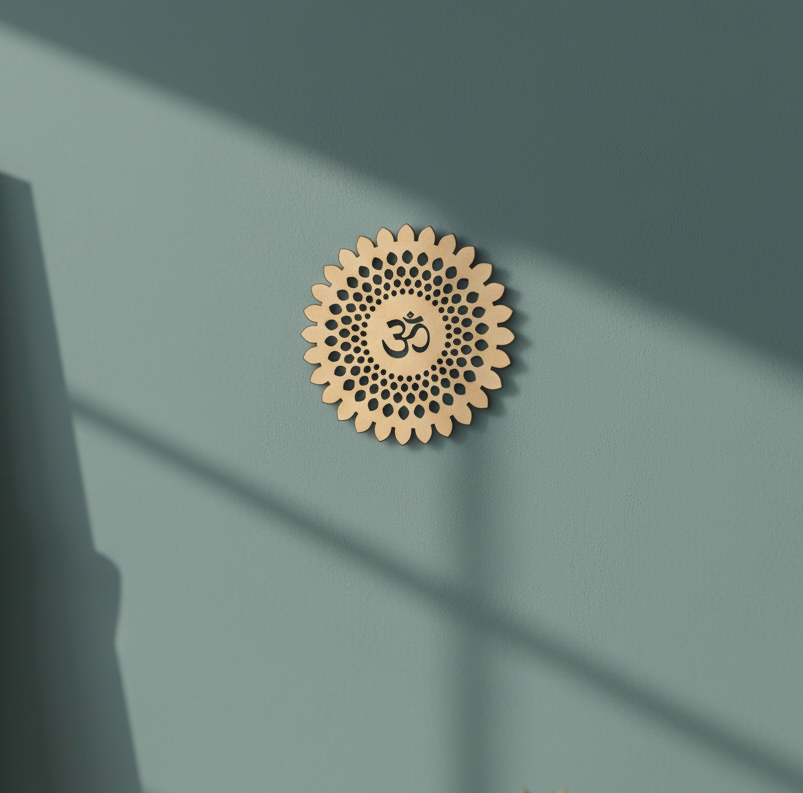 Decorative MDF DIY symbol with Om symbol on a teal wall