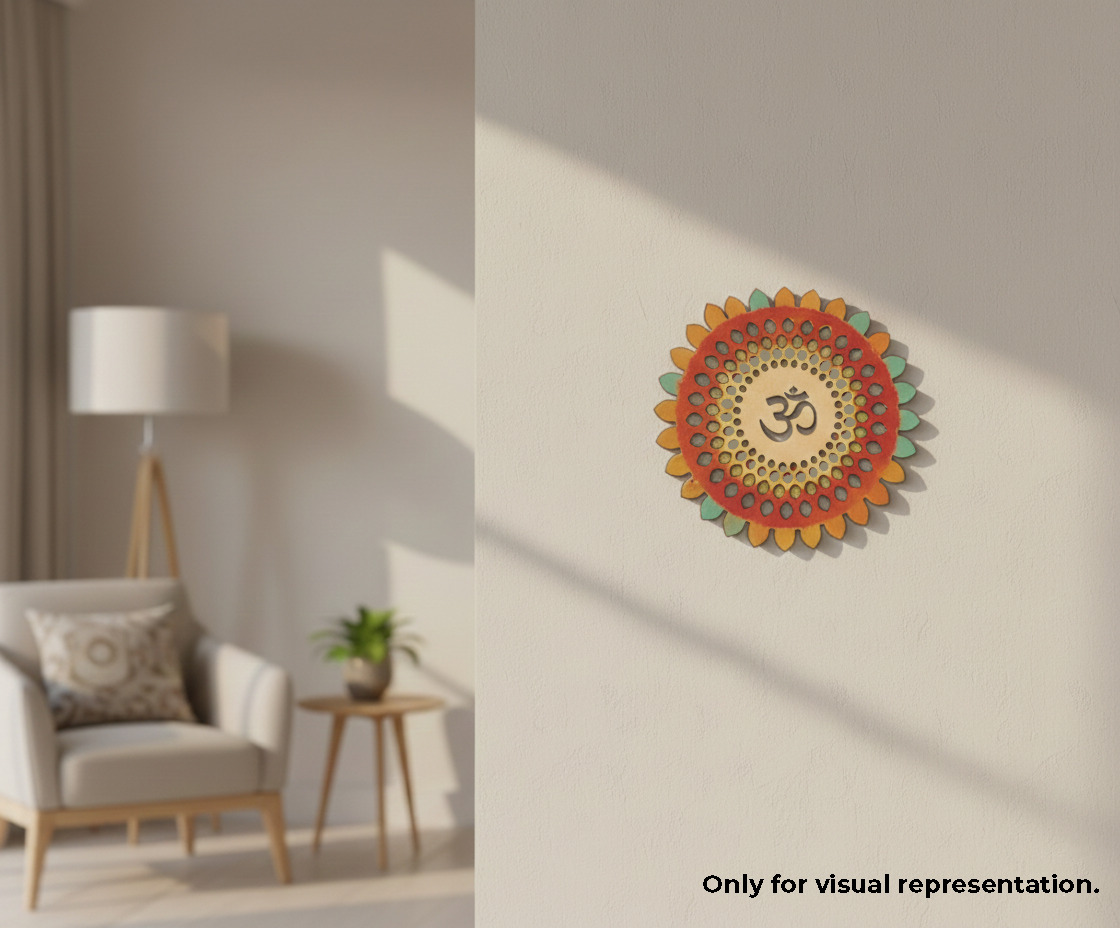Decorative MDF DIY wall mandala with Om symbol in a living room setting.