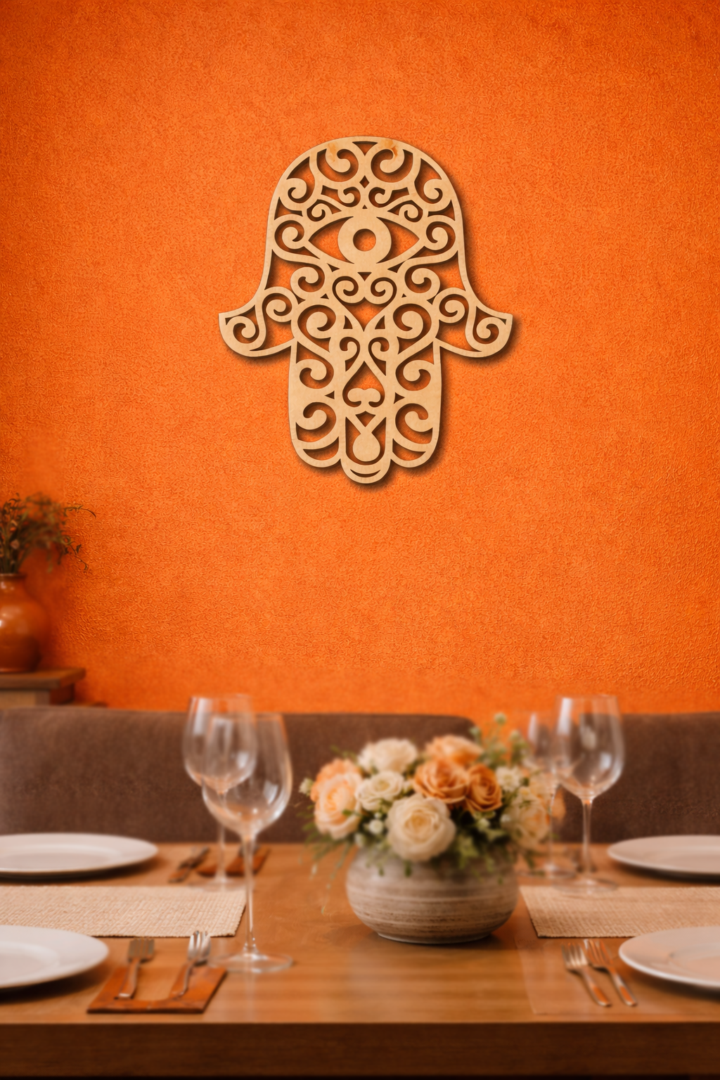 Decorative  MDF DIY  Hamsa wall art on an orange wall above a set dining table.