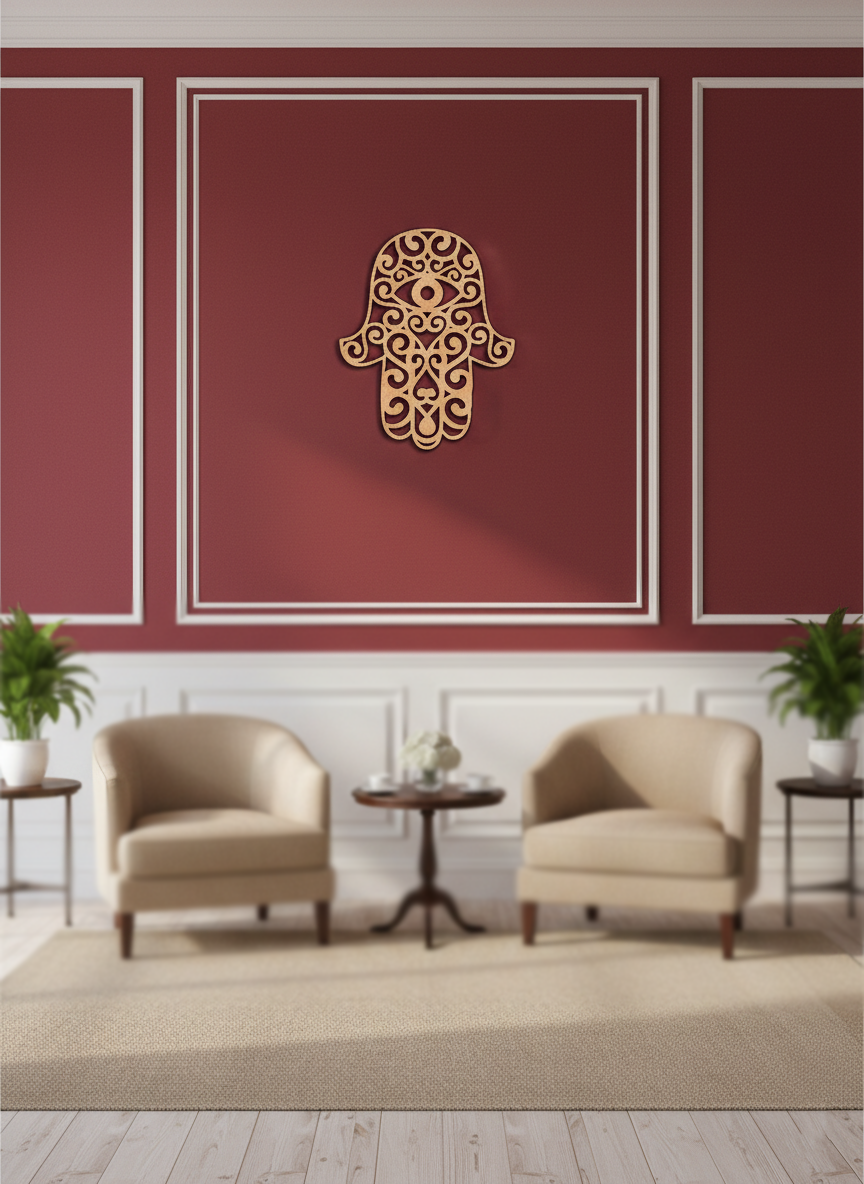 Decorative  MDF DIY  Hamsa wall art on a red wall with two beige armchairs and a small table.