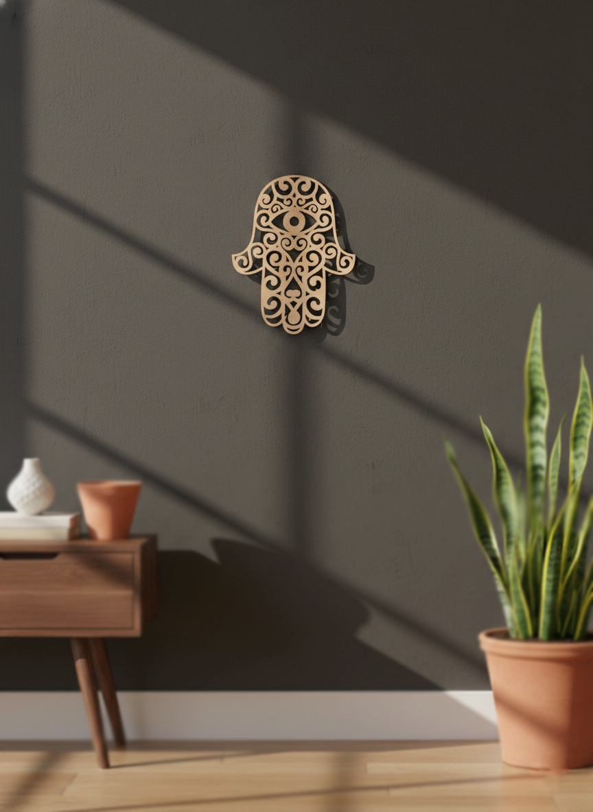 Decorative  MDF DIY  Hamsa wall art on a dark wall with a plant and small table in the foreground.
