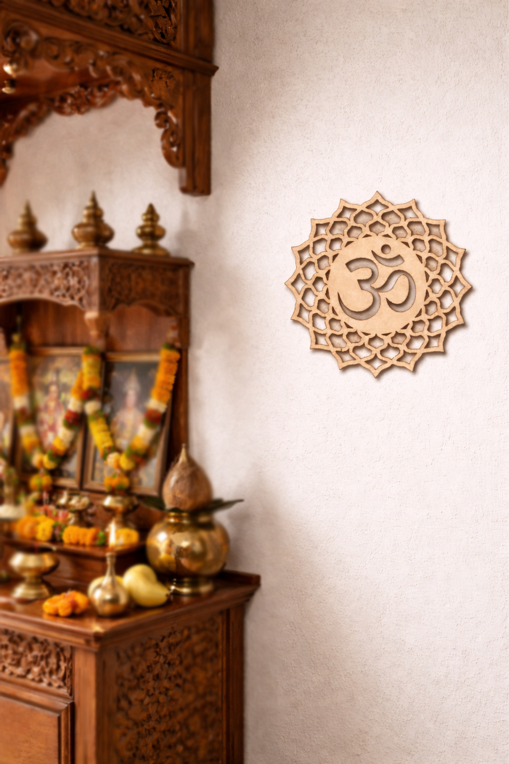 MDF DIY wall art  with decorative items and a wall-mounted 'Om' symbol.