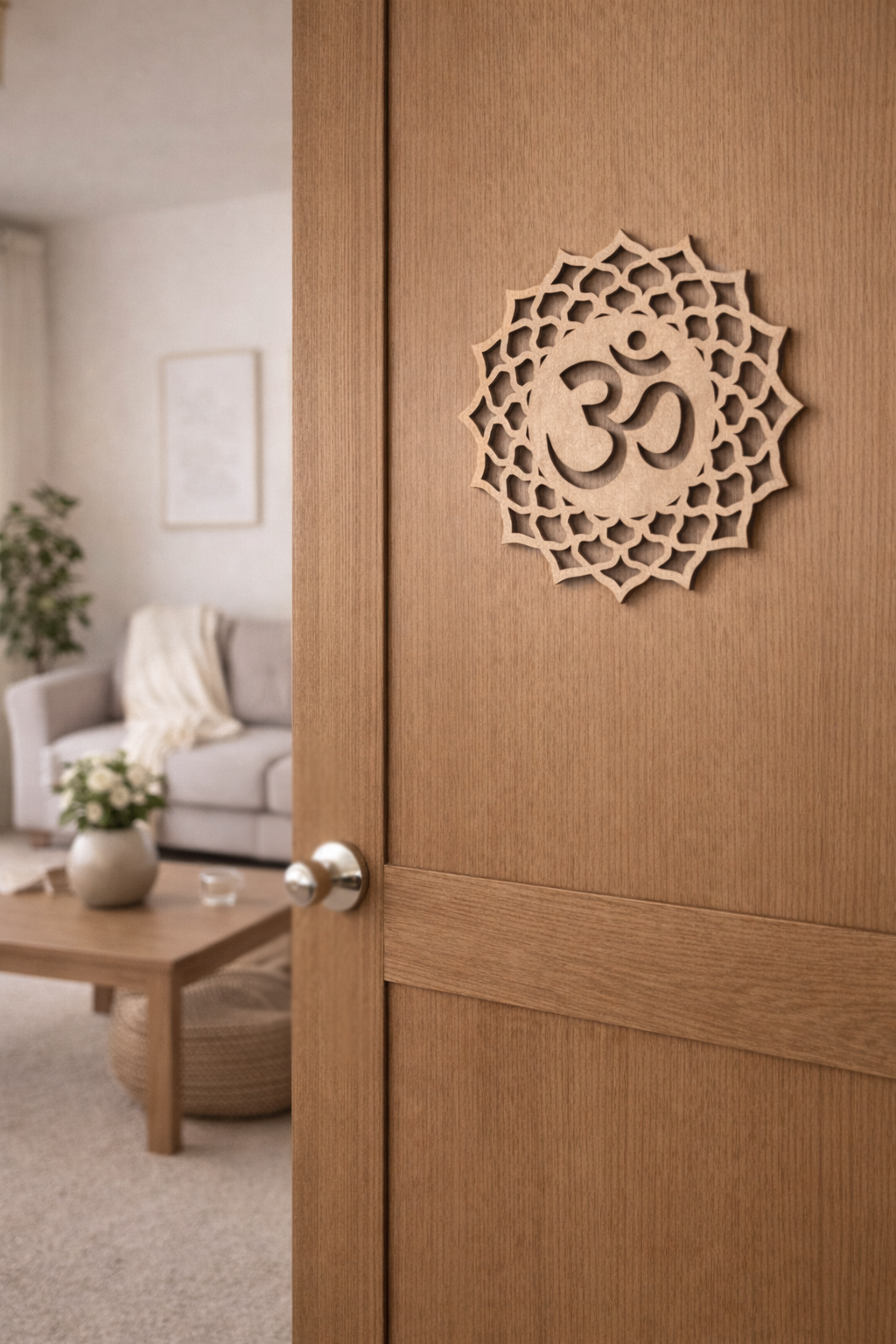 Wooden door with MDF DIY Om symbol design in a living room setting