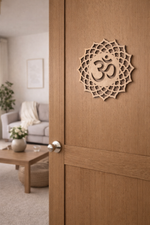 Wooden door with MDF DIY Om symbol design in a living room setting