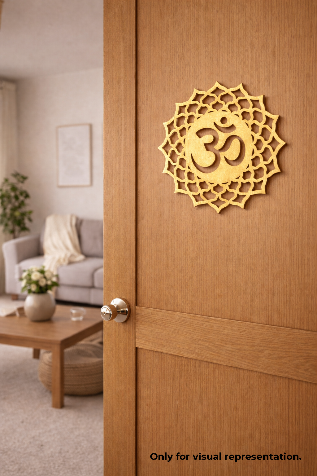Decorative MDF DIY wall art with Om symbol on a wooden panel in a living room setting.