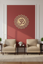 Decorative MDF DIY  wall art with Om symbol on a red wall in a living room setting.