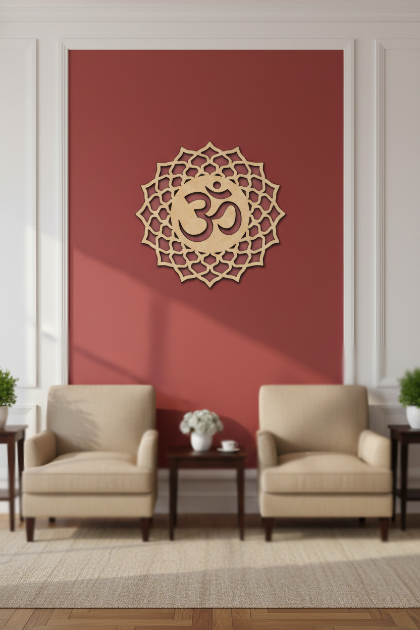 Decorative MDF DIY  wall art with Om symbol on a red wall in a living room setting.