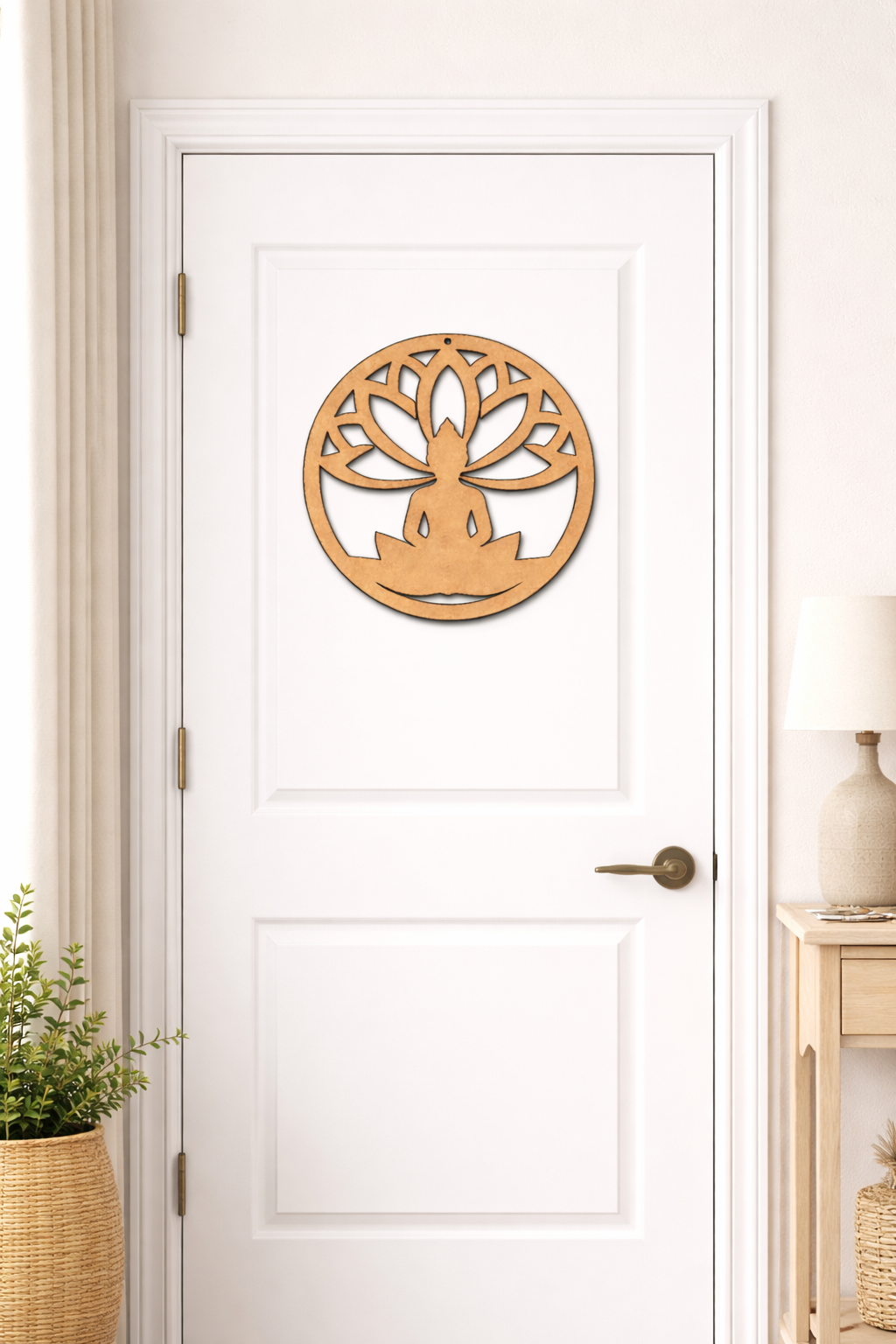 MDF DIY wall art with a circular design on a white door.
