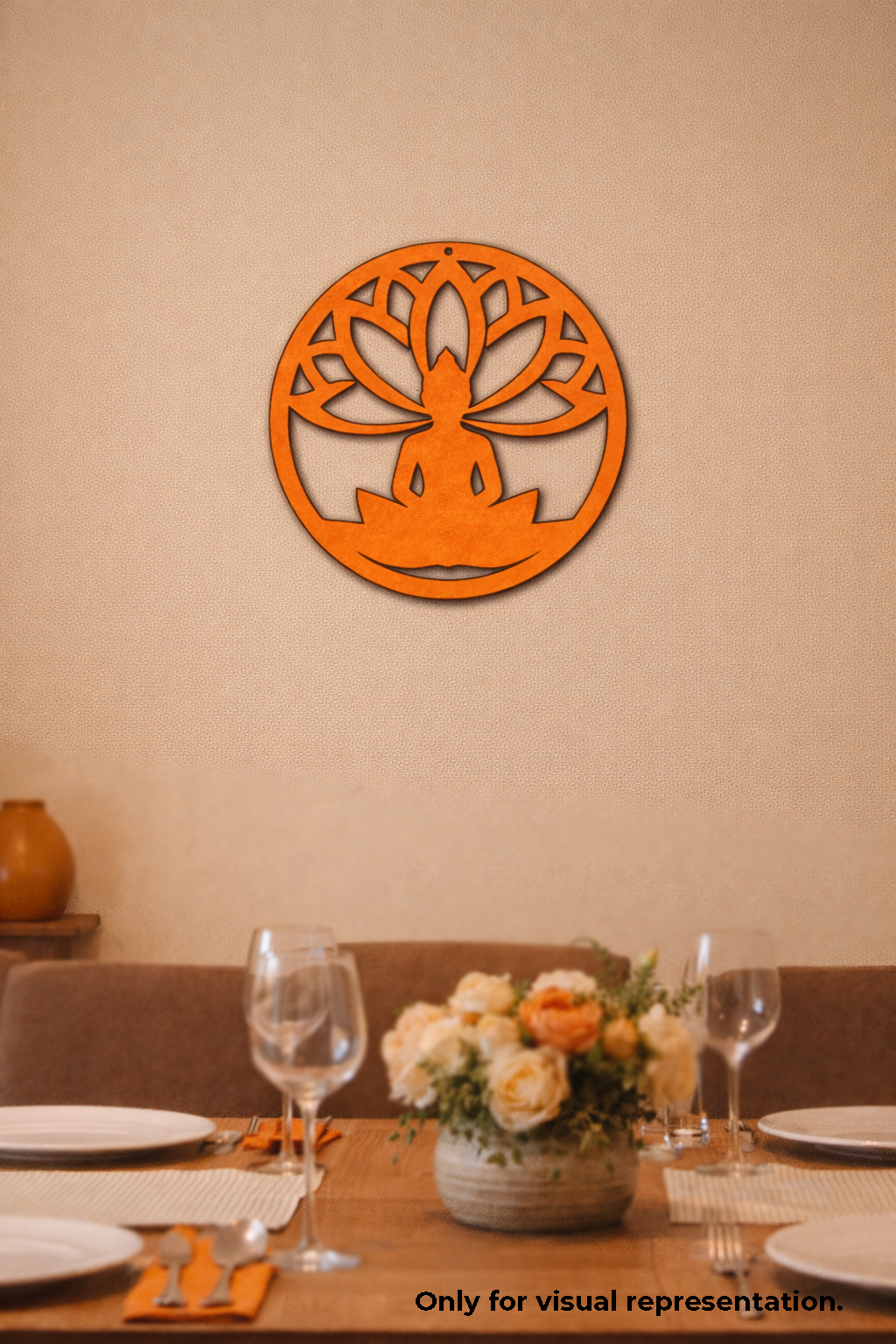Decorative MDF DIY wall art with a tree of life design on a beige wall above a dining table.