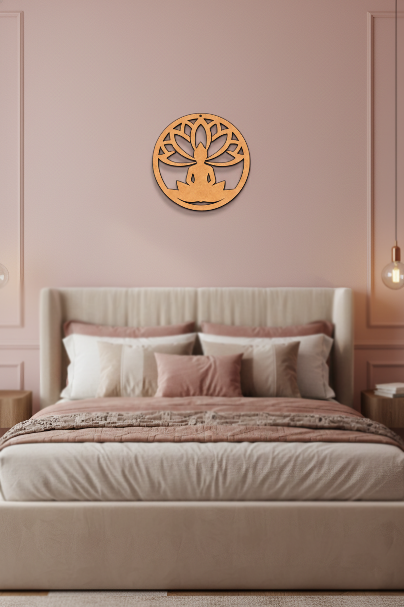 MDF DIY wall art of a meditating figure on a pink wall above a bed with pink and beige bedding.