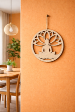  MDF DIY wall hanging with a tree of life design on an orange wall.
