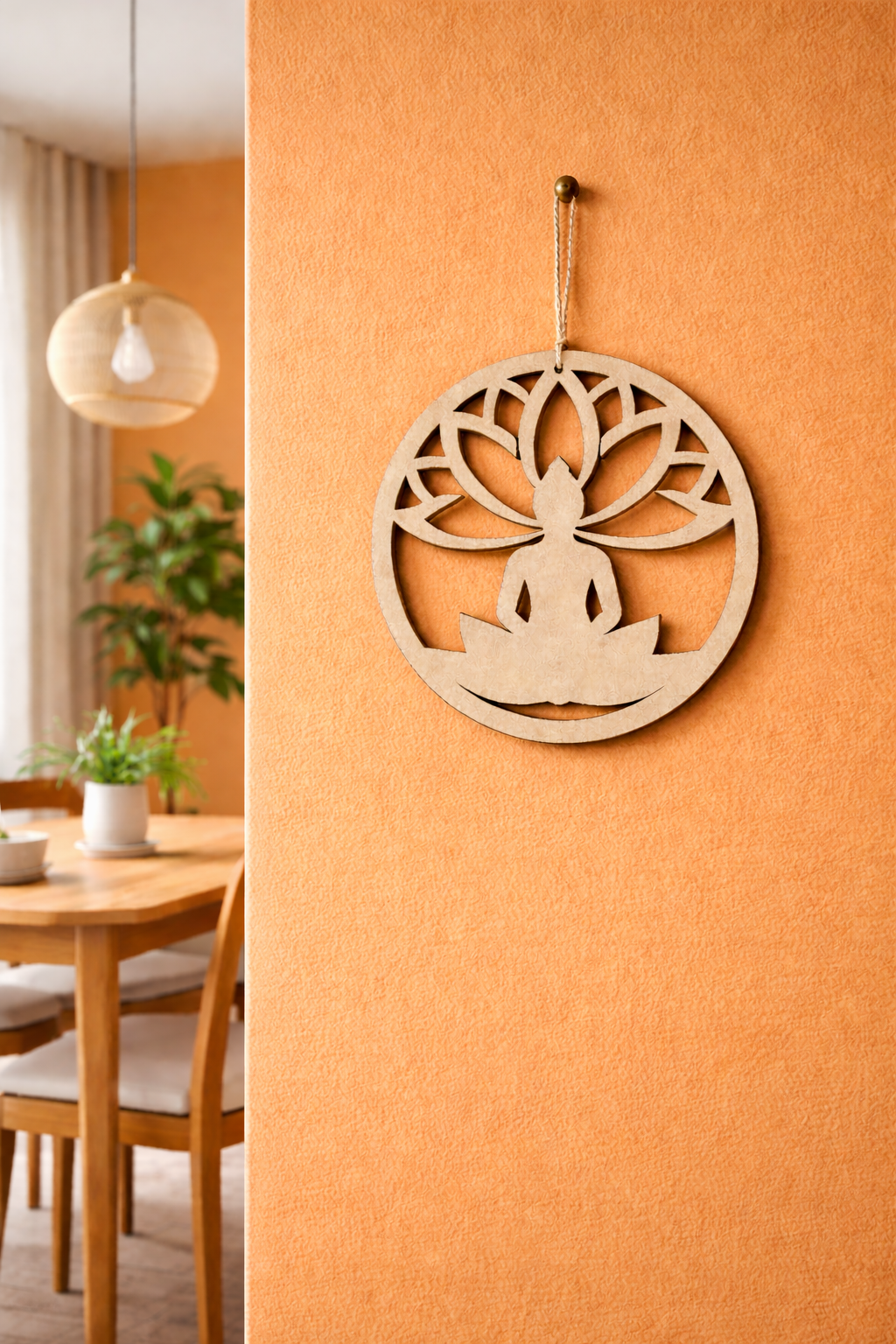  MDF DIY wall hanging with a tree of life design on an orange wall.