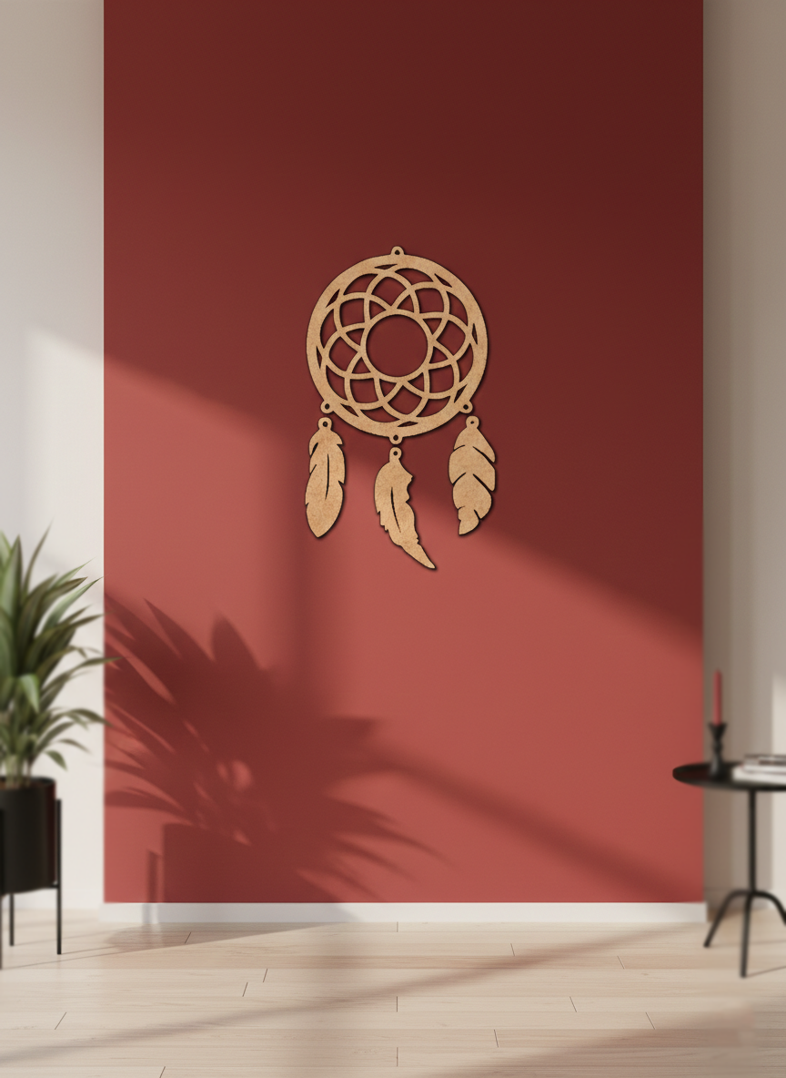 MDF DIY  dreamcatcher wall decor on a red wall with a plant and small table in the foreground.