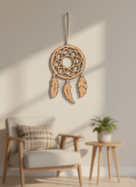 MDF DIY  dreamcatcher hanging on a wall with a blurred living room in the background