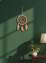 MDF DIY  dreamcatcher hanging on a green wall with a lamp and plant in the background.