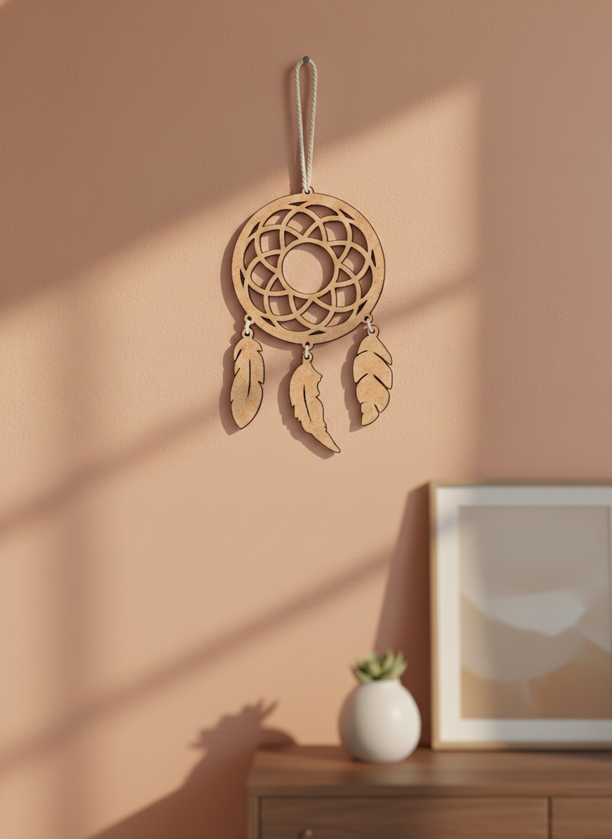 MDF DIY dreamcatcher hanging on a beige wall with a soft shadow