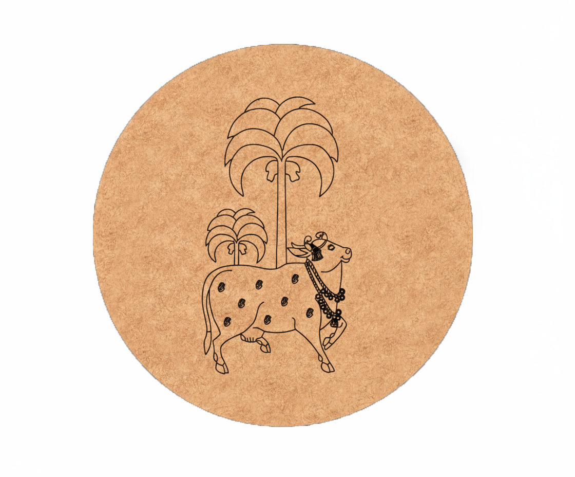 Round MDF DIY wall art with a black line drawing of a cow and palm tree on a white background