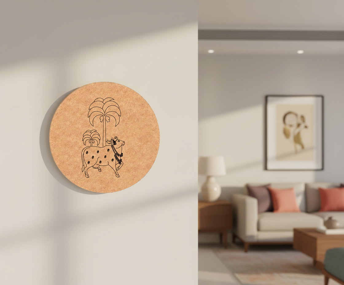 Round MDF DIY wall art with decorative design in a living room setting