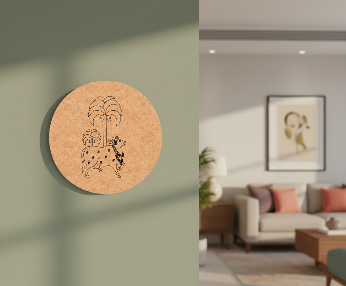 MDF DIY wall art with decorative design on a green wall next to a living room with a sofa and artwork.