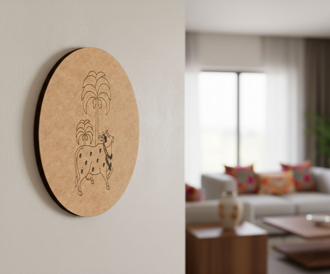 Decorative MDF DIY wall art with a palm tree and deer design on a plain wall, with a blurred living room in the background.