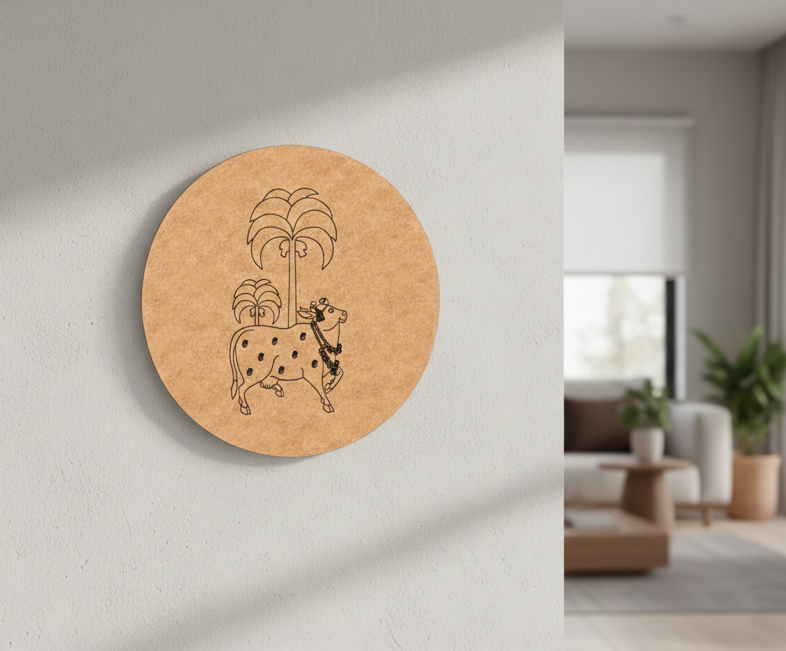 Round MDF DIY wall art with a design of a cow and palm trees on a wall in a living room.