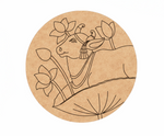 Circular MDF DIY wall art  with a line drawing of a bull and lotus flowers on a white background