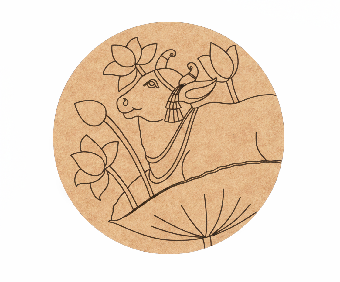 Circular MDF DIY wall art  with a line drawing of a bull and lotus flowers on a white background