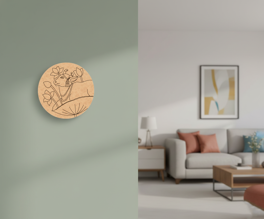 Decorative MDF DIY  wall piece on a plain wall next to a living room with a sofa and abstract art.