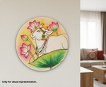 Decorative MDF DIY  wall art of a cow with lotus flowers on a plain wall.