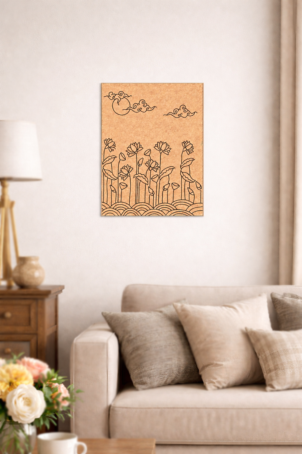 Decorative MDF DIY wall art with floral design above a beige sofa in a living room.